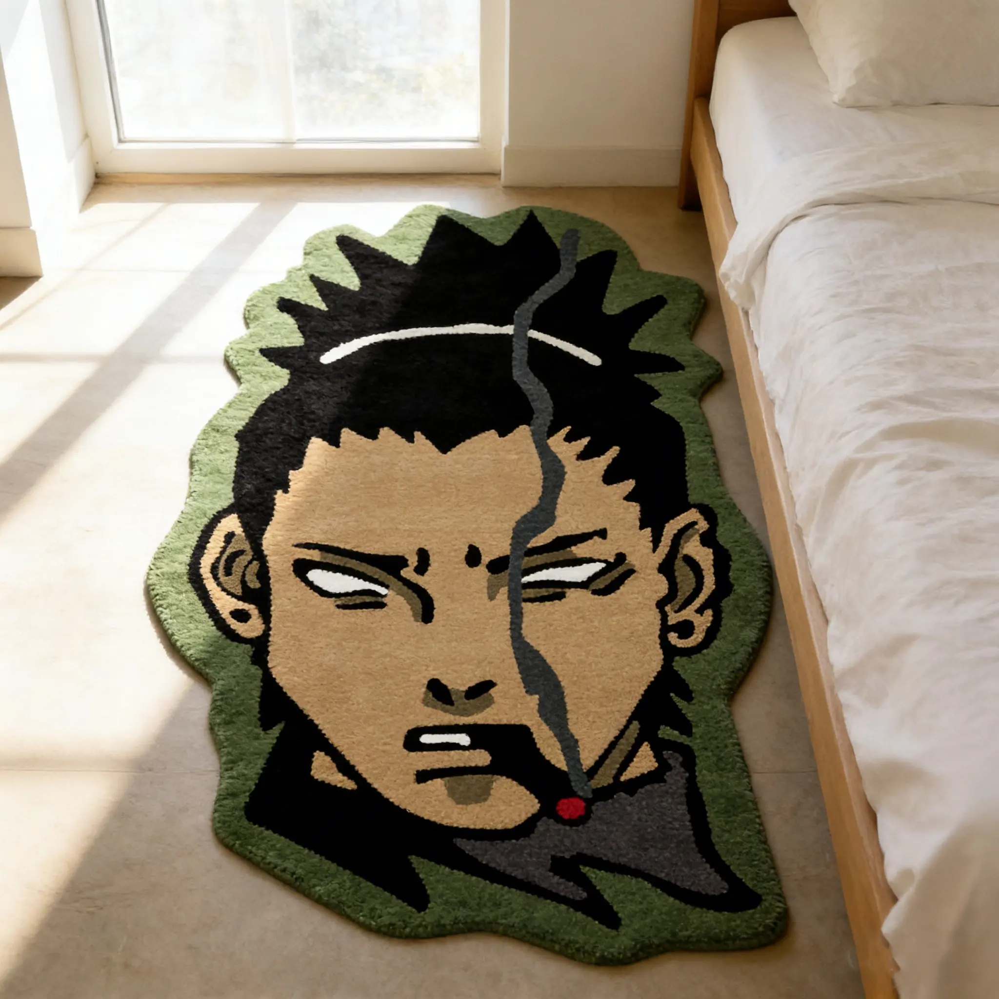 cartoon character alien carpet, Fluffy area rug, Decorative Fluffy Rug, green black velvet floor mat, bedroom bedside anti slip and wear-resistant foot mat, space decoration mat suitable for Instagram/anime trend home decoration