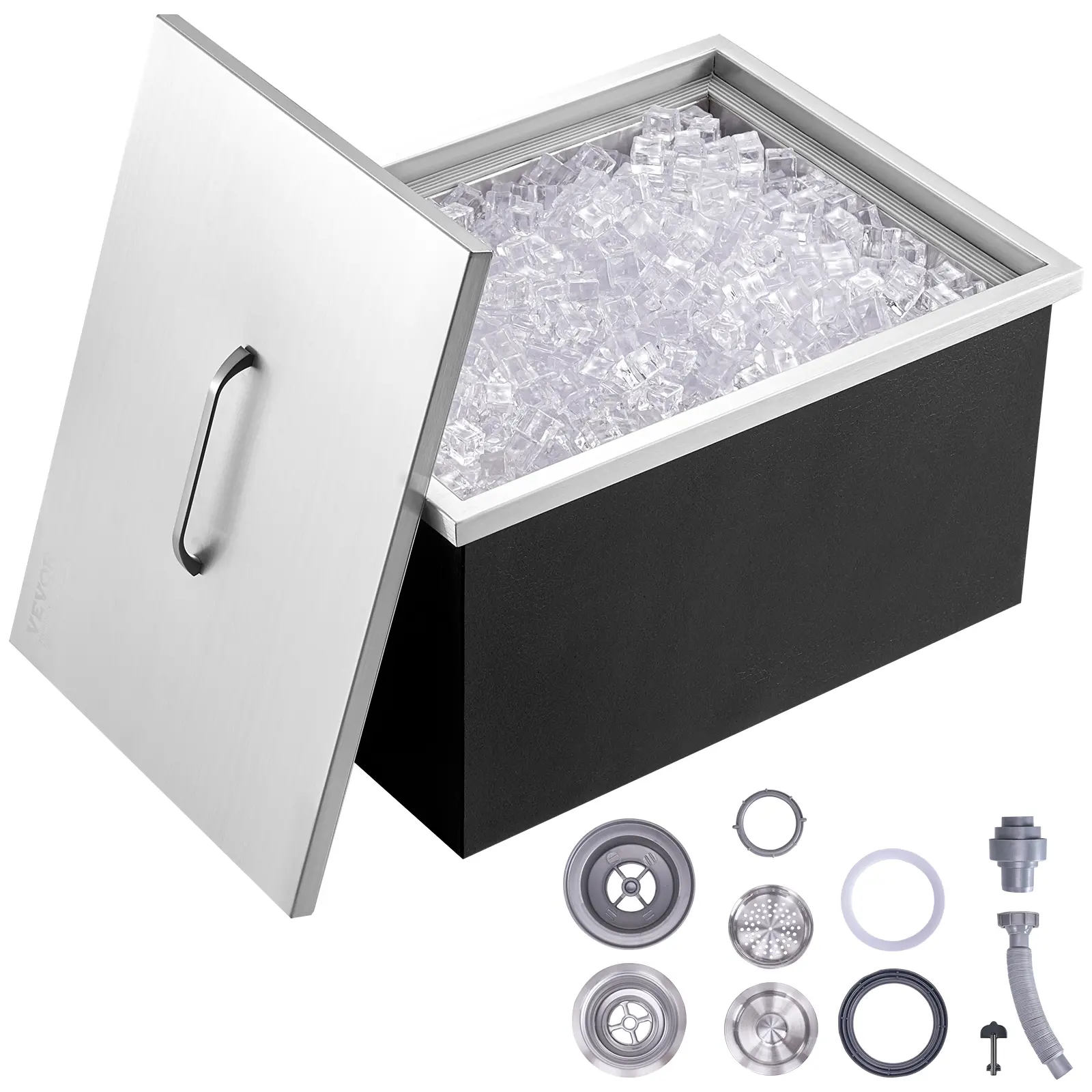 VEVOR Drop in Ice Chest,  20"L x 14"W x 12"H Stainless Steel Ice Cooler, Commercial Ice Bin with Cover, 40 qt Outdoor Kitchen Ice Bar, Drain-pipe and Drain Plug Included, for Cold Wine Beer Filter Utensils