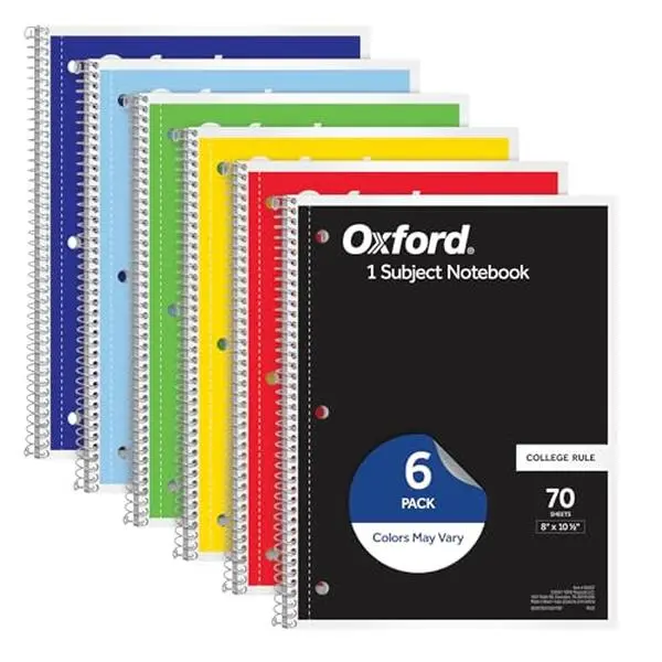 Oxford Spiral Notebook 6 Pack, 1 Subject, College Ruled Paper, 8 x 10-1/2 Inch, Color Assortment Design May Vary (65007)