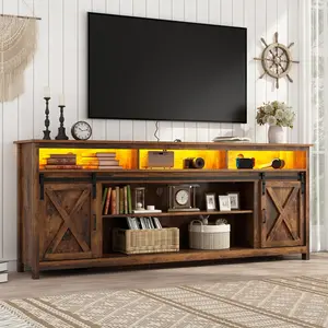 57/70/80.7in Wooden Farmhouse Entertainment Center for 90/85/80/75 inch TV,Double Layer Storage Farmhouse TV Stand,Double-Row Sockets with Wood Sliding Barn Door TV Stand (Brown/grey/white/Rustic Brown)