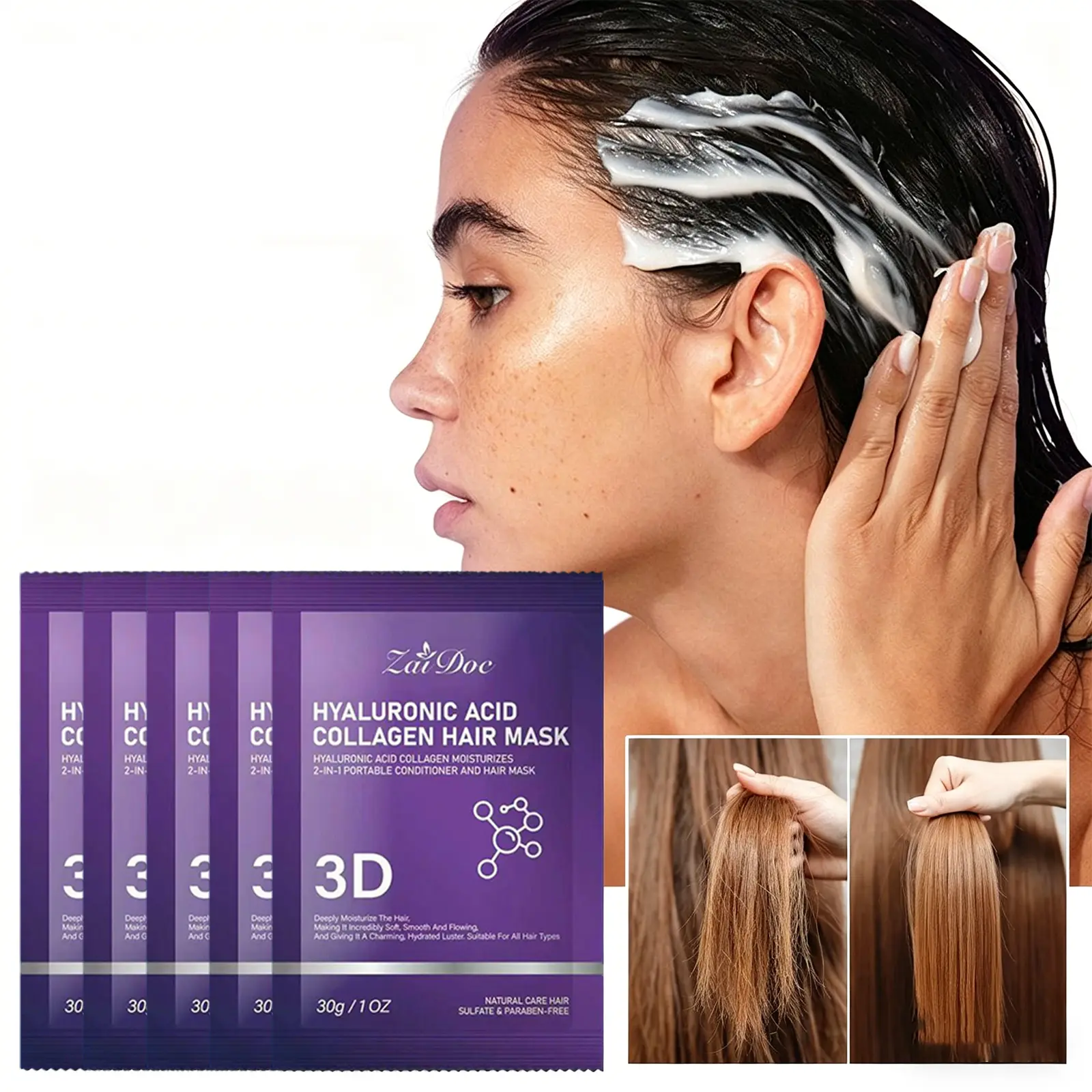 3D collagen hair mask 30g — Deeply repairs hair strands, replenishes moisture, restores hair's natural shine. Functions as a conditioner, lightweight and non-greasy, suitable for all hair types, leaving hair hydrated, glossy, smooth and easy to comb.