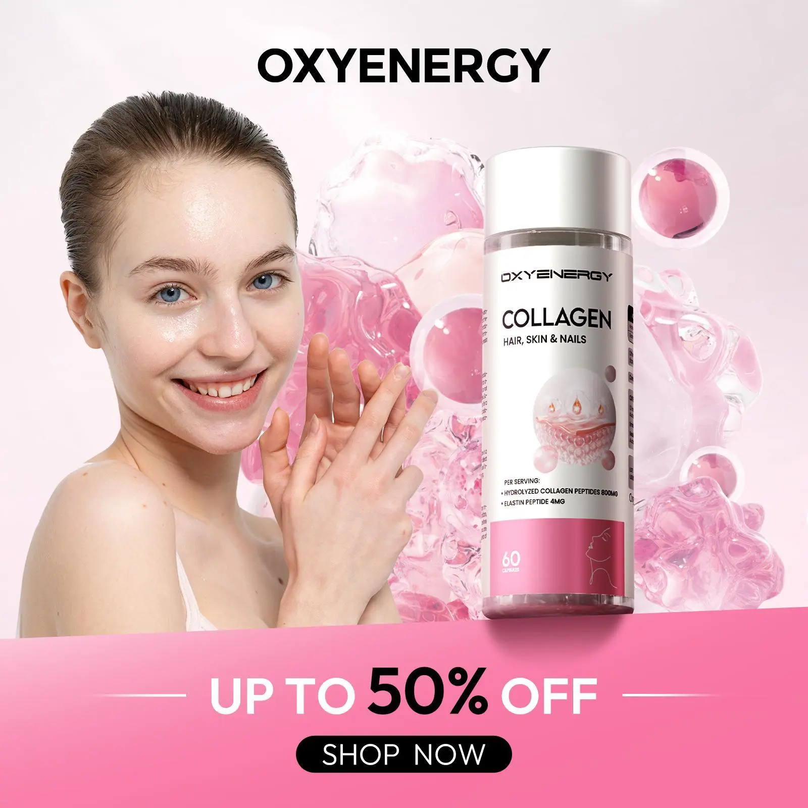 2 Bottles Oxyenergy Collagen Beauty Capsules,for Skin,Hair, and Nails,Dual Peptides,Marine Collagen,60 capsules/bottle Healthcare Dietary Fitness Edible Colagen Supplement