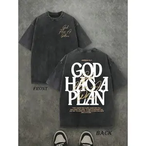Retro Washed Double Sided Printed T-Shirt, 'GOD HAS A PLAN' Letter Graphic Tee, 230g Pure Cotton, Slightly Cropped, Crewneck, Distressed Streetwear, Men's Casual Comfortable Fashion Tops Smooth Fabric Seamless So