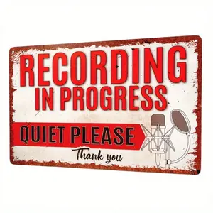 Vintage Aluminum Wall Sign Recording in Progress Please Quiet 12x8 Inch Retro Microphone Art Decor Rustic Distressed Metal Studio Office Decor