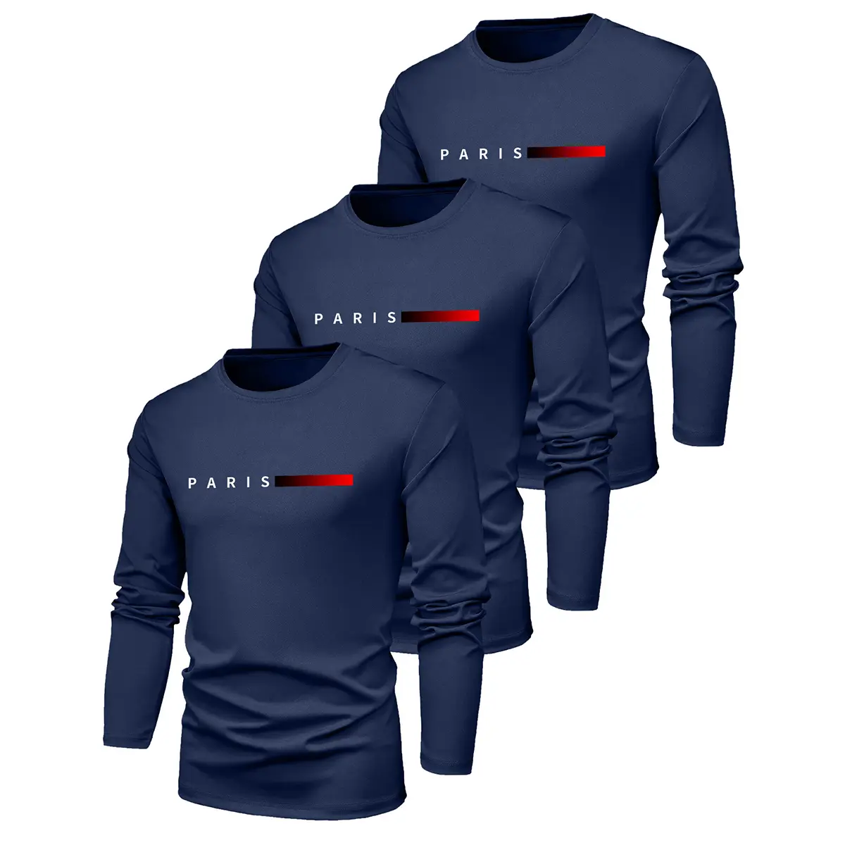 Men's 3-Pack Fitted Plain Basic Long Sleeve Crew Neck Shirts, Quick-Dry Breathable Activewear for Gym Workouts, Outdoor Activities, Polyester, Fitted Cut, Black - Army Green - Navy Blue, Navy Blue - Navy Blue - Navy Blue