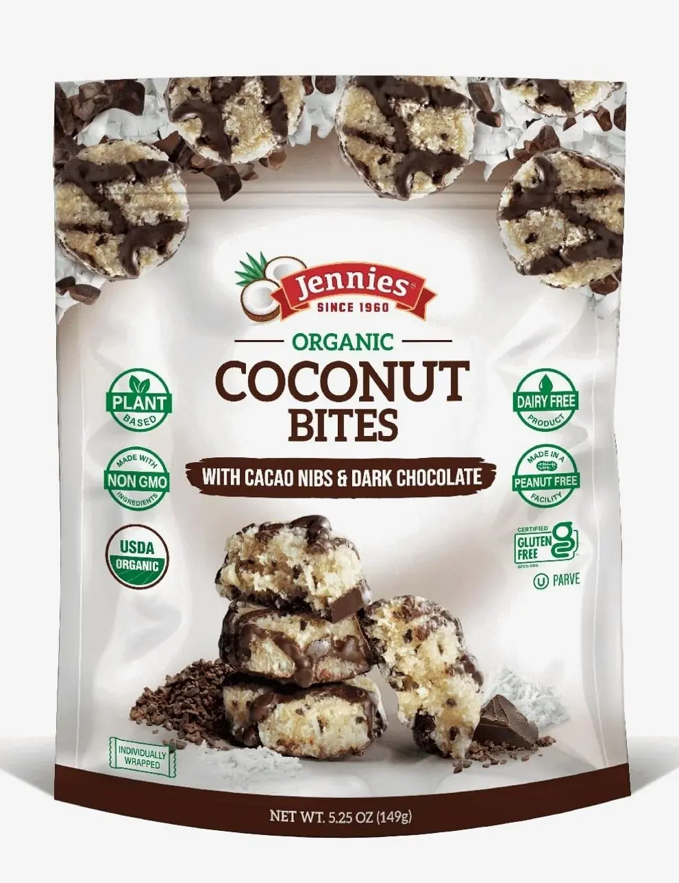 Jennies Organic Coconut Bites with Cacao Nibs and Dark Chocolate, 5.25oz | Gluten Free | Peanut Free | Dairy Free | Non GMO
