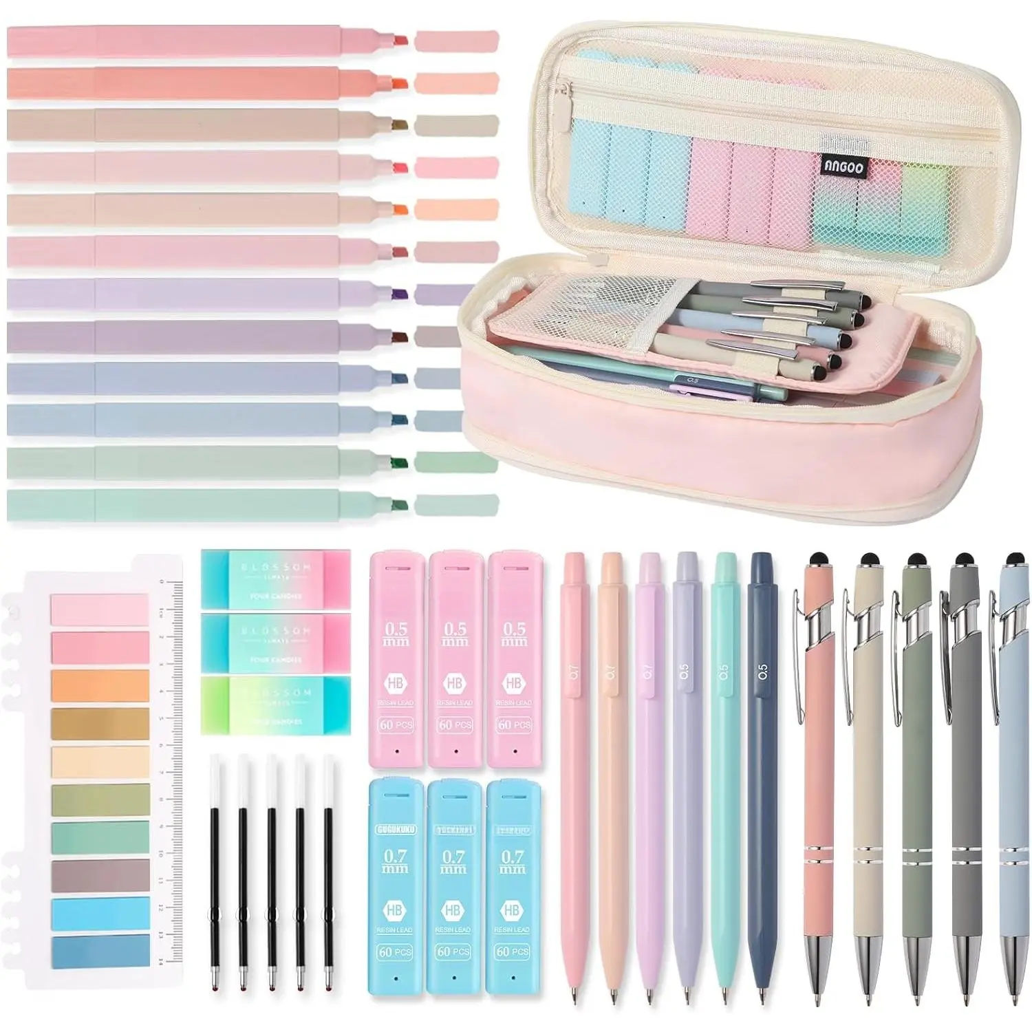 Aesthetic Preppy School Supplies Set (39-Count) with Polyester Fabric Double Zipper Cute Pencil Case, 5 Ballpoint Pens with Stylus Tip, 12 Pastel Highlighters, 6 0.5-0.7mm Mechanical Pencils, 10 Colors Index Sticker Tabs, Useful College Essentials