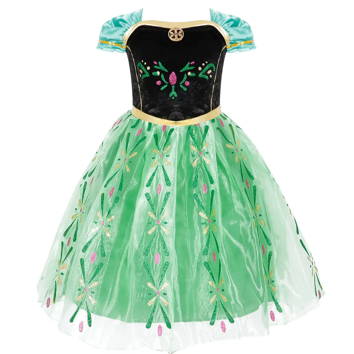 Girls' Princess Coronation Themed Costume - Green Organza with Gold Embroidery, Velvet Party Wear, Cute Accessories & Makeup-Inclusive Pretend Play Outfit