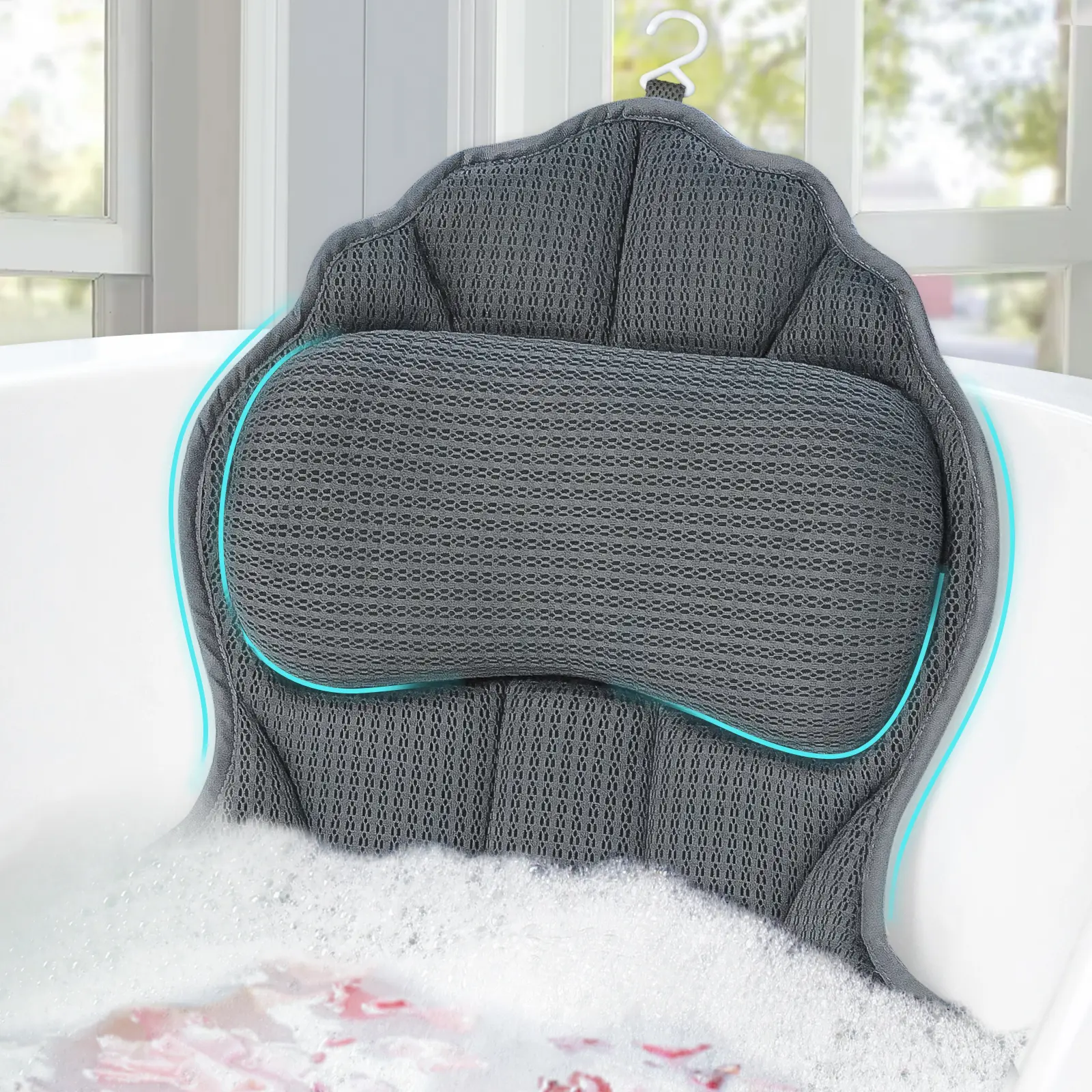 4D Air Net Ergonomic Head Bath Pillow, Bathroom Accessory with 6 Suction Cups, Machine Washable with Laundry Bag, All-Season Leisure Bath Item for Adults, Ideal Father's Day Gift