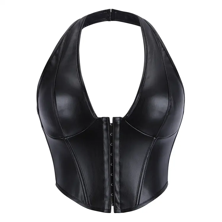 New Solid Color Shapewear Top, Women's Sexy PU Leather Halter Neck Top with Hook & Button Closure