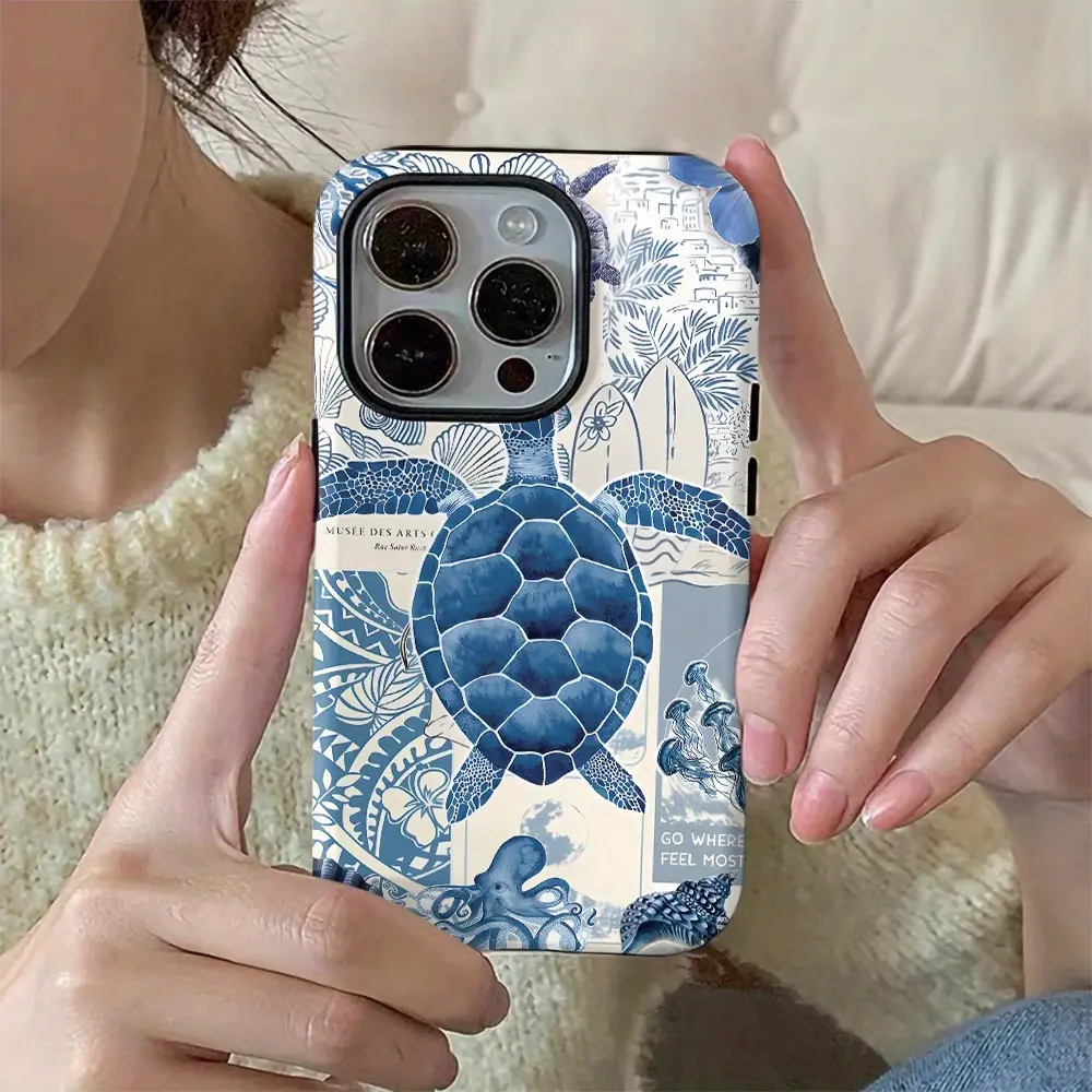 Coastal style marine turtle seahorse pattern, durable and shock-absorbing bright face 2-in-1 phone case, suitable for iPhone 17 16 15 14 13 12 11 X, Samsung and other series models, can be given as a holiday gift to friends or home