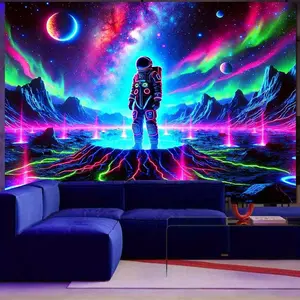 2D Flat - 2D Flat - A Vibrant 2D Fluorescent Tapestry Featuring a Neon Celestial Astronaut Design, Perfect for Decorating Your Bedroom, Living Room, Or Office. It Also Serves As a Holiday Door Flag for Both Indoor And Outdoor Use