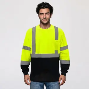 High Visibility Safety Color Block Long Sleeve T-Shirt with Front Pocket – Reflective Workwear for Enhanced Safety