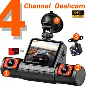 4-Channel 2'' Dash Cam for Cars, 1080P Car DVR Video Recorder 1080P Front and 480P Left and Right Rear, Loop Recording, Motion Detection, 32G TF Card