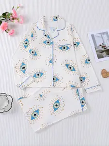 Women's Sleepwear Set, Eye Pattern Print, Holiday Party Pajamas, Soft Shirt Collar Top & Elastic Pants, Casual Home Wear, Loungewear