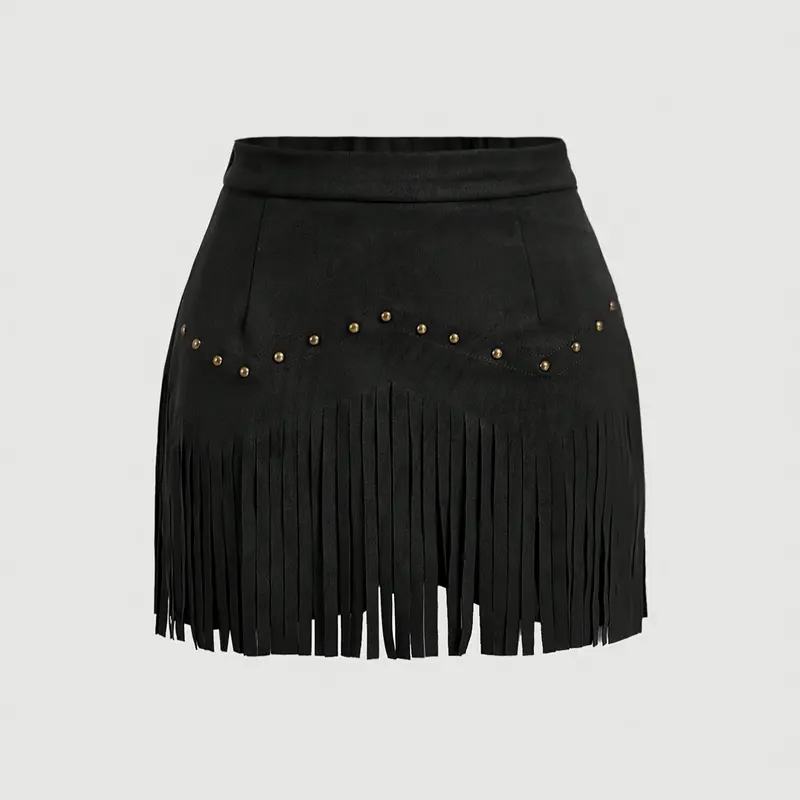 Women's Vintage Hippie Rivet Tassel Suede A-Line Skirt, Rivet Fringe Skirt, Autumn Fashion Set, Nashville Style Pirate Dress [summer] Street Fashion Skirt