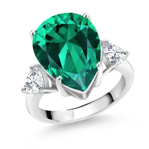 Gem Stone King 9.19 Cttw Green Nano Emerald and White Moissanite 3-Stone Ring For Women | 925 Silver | Pear Shape 16X12MM | Trillion 5MM | Three Stone Wedding Engagement Anniversary Ring
