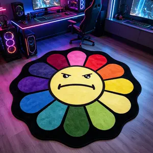 Angry Face Sunflower Rug, Unique Shape Carpet, Border Rainbow Petal Mat, Floral Shaped Rug, Soft Comfortable, Hand Wash Only, Home Decor for Living Room, Bedroom, Kitchen, Bathroom, Hallway, Floral Rugs, Decorative Area Rug, Floral Pattern Rug