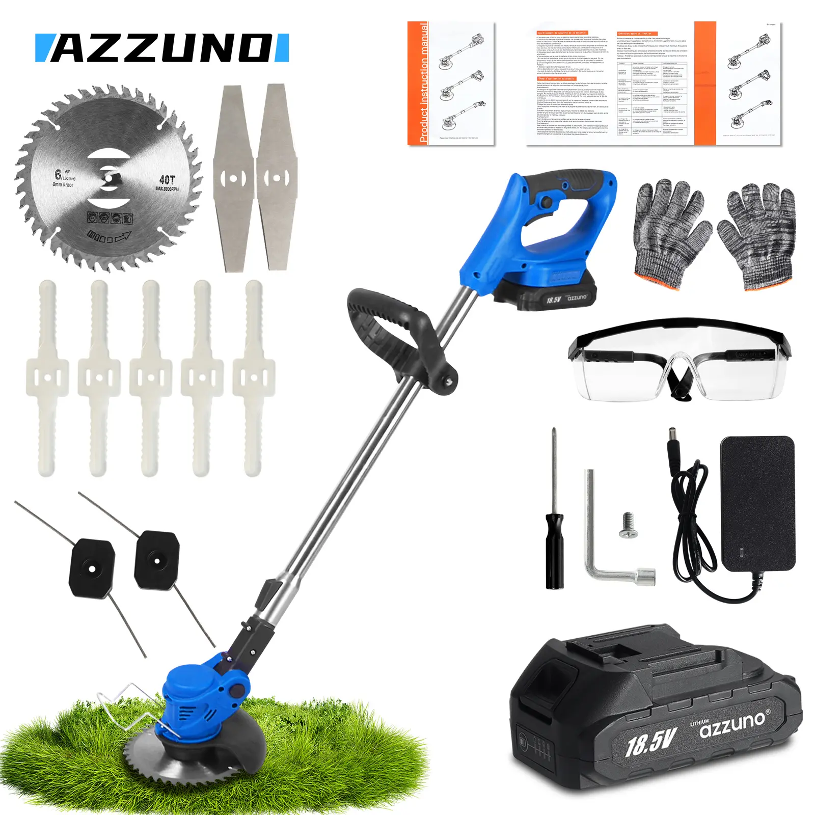 Azzuno Cordless Garden Grass Trimmer Set - 21V Garden Tool Set with Batteries, 9800rpm High-Speed Motor, Adjustable Angle, Adjustable Handle Length, 4 Blade Modes, Safety Switch, Efficient Cutting Tool