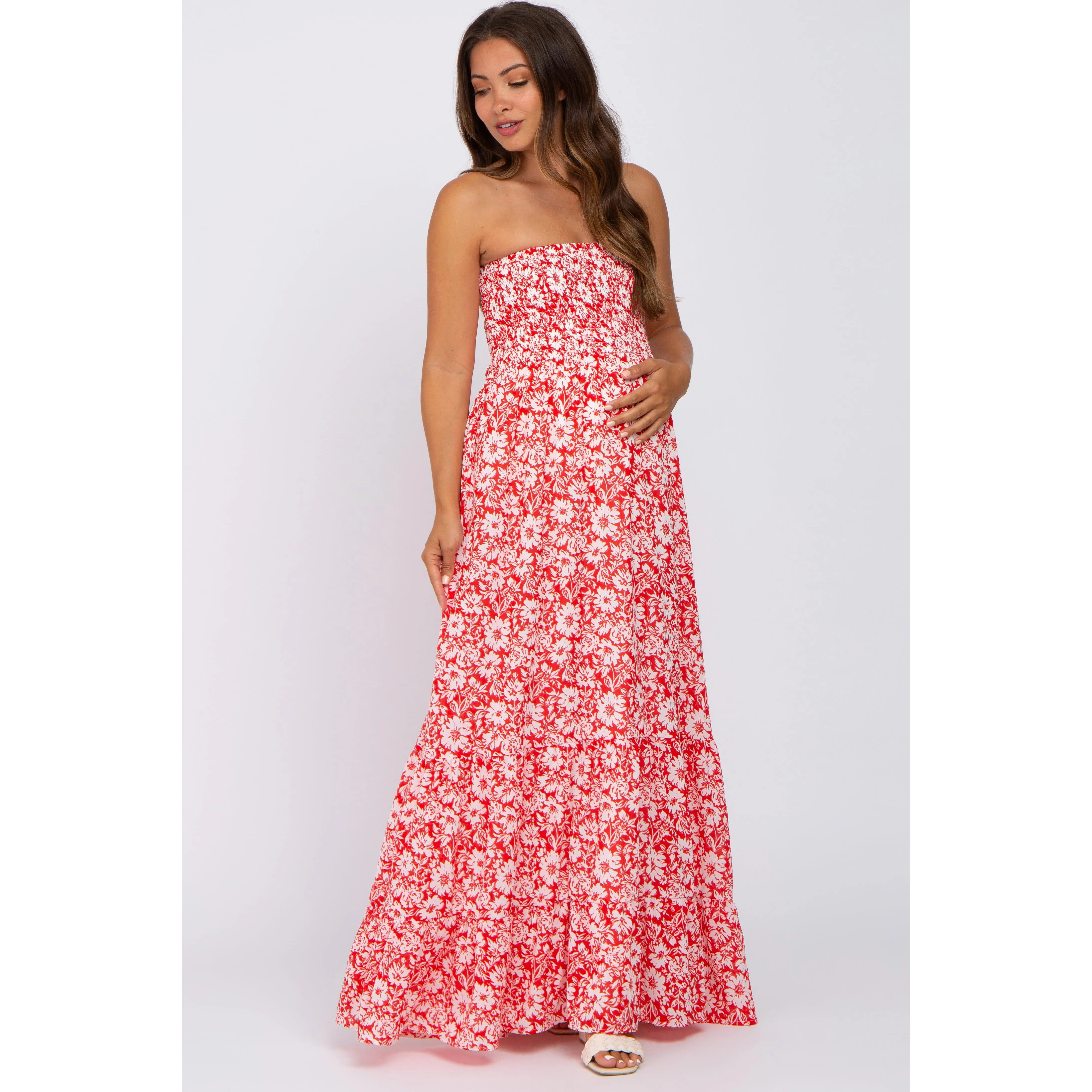 Red Floral Strapless Smocked Maternity Maxi Dress