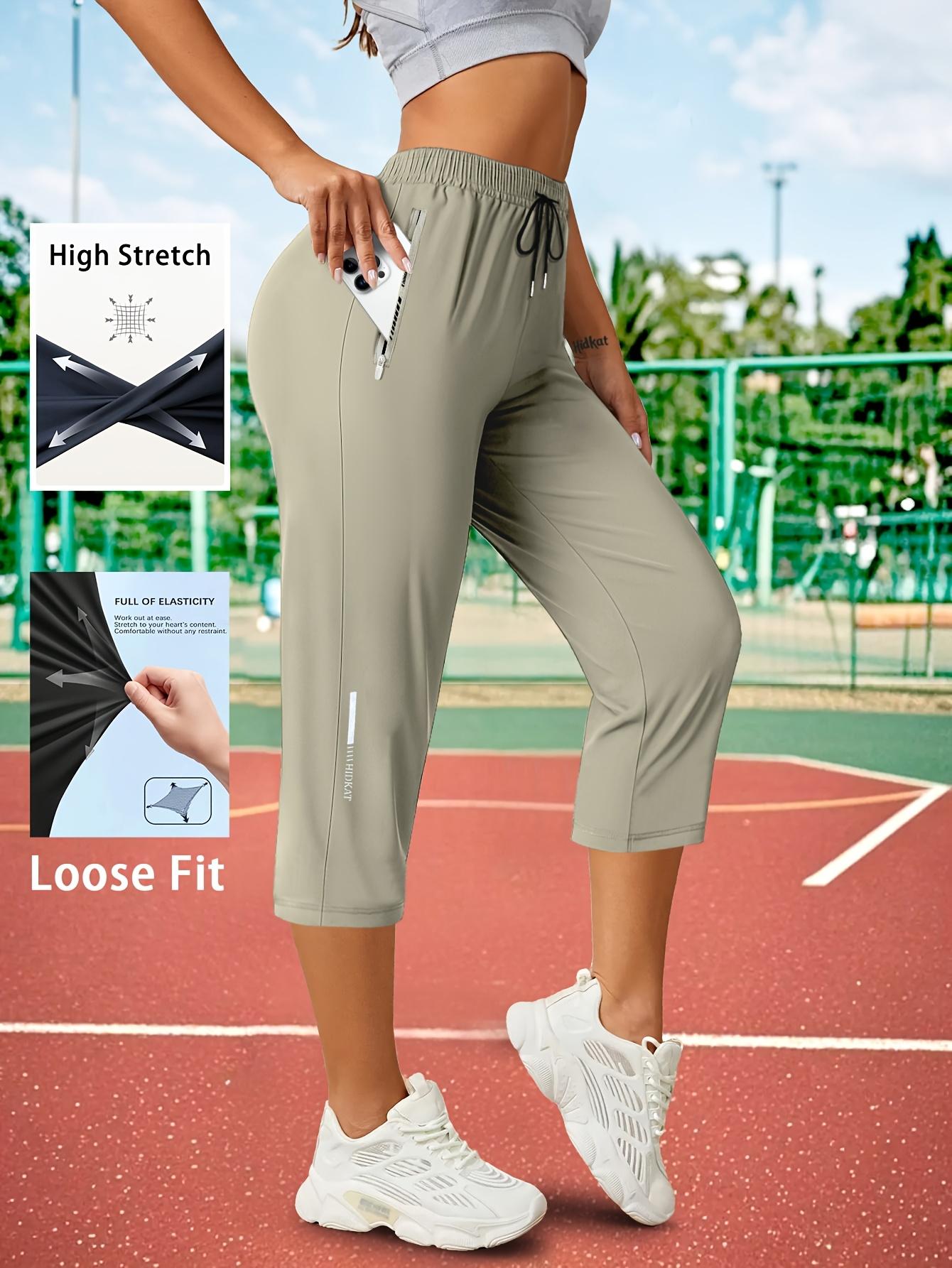 1 piece women’s ice silk breathable high-stretch capri pants with drawstring waist and zippered pockets, comfortable and skin-friendly, suitable for outdoor jogging and gym workouts