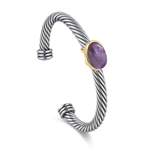 Aprilery Two Tone Cuff Bracelet With Oval Purple Crystal Accent – Adjustable Statement Jewelry