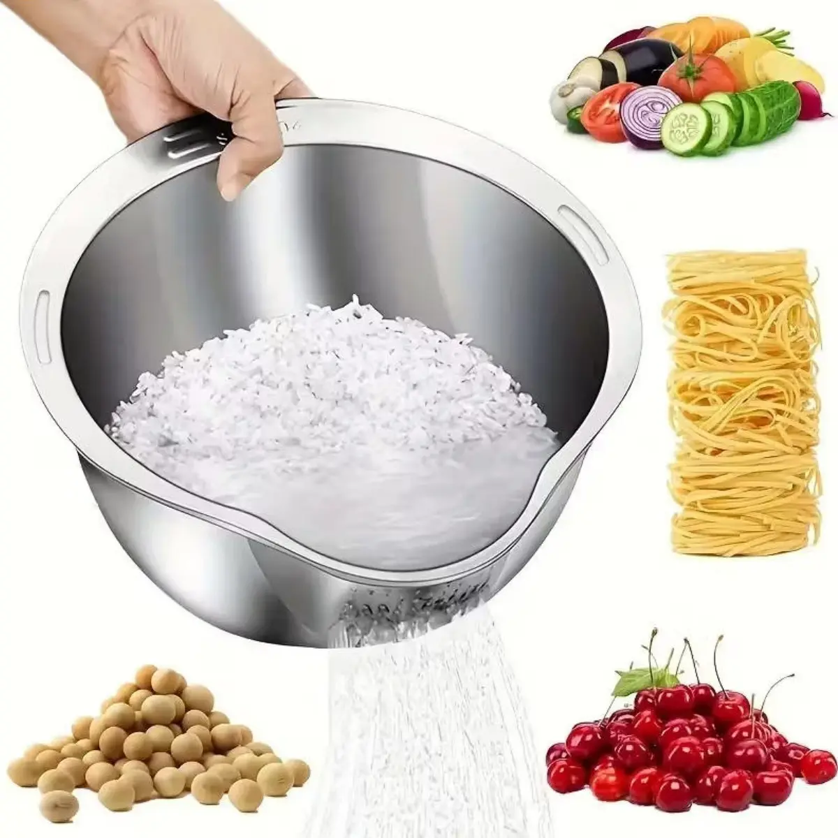 Rice Washer Strainer Bowl - 4-in-1 Washing Bowl for Quinoa, Stainless Steel Rinser With Side Drainers Small Colander for Cleaning Fruits, Vegetables, and Beans - Versatile Kitchen Tool, Christmas Thanksgiving Gifts