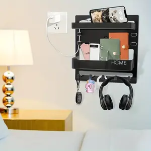 Wall-Mounted Bedside Storage Rack with 5 Hooks, Multifunctional Bedside Organizer, Dorm Wall Storage Shelf, wall shelf unit, Fits Bedroom, RV, Dorm Decor