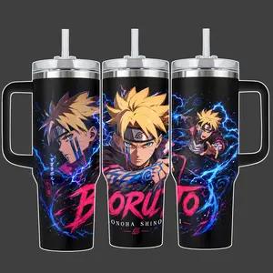 Boruto Karma Energy Anime Tumbler Cup, Black Blue Pink Full Wrap Stainless Steel Insulated NRT Tumbler 20oz/40oz With Straw Lid Included, 40oz Handle Option