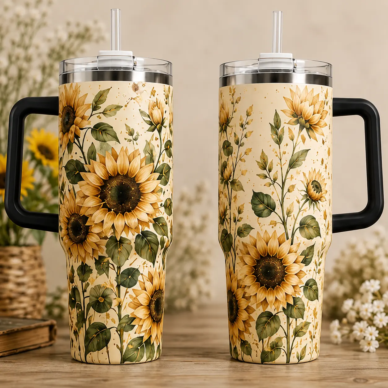 Women's 40oz Sunflower Floral Insulated Stainless Steel Travel Tumbler with Handle, Portable Lid, Straw - Reusable Water Bottle for Coffee, Tea, Water Bottles