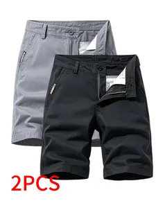 2-pack men’s solid-color casual cargo shorts with multiple pockets, made from soft, skin-friendly pure cotton—ideal for fishing, sports, and stylish casual wear.