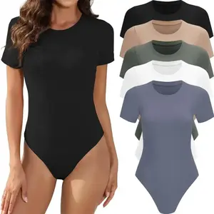 1 Pack Body Suits for Womens Short Sleeve Round Neck Casual Stretchy Basic T Shirt Bodysuit Tops