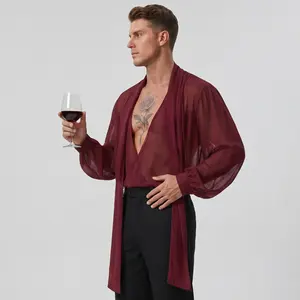 INCERUN Men's Loose Deep V Scarf Long Shirt - Chic Baroque Romantic Style Male Clothing, Dramatic Lantern Sleeves, Sheer Party Holiday Event Costumes