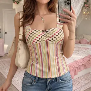 Y2K Cute Patchwork Cami Top Polka Dot Stripe Square Neck Vintage 90s Aesthetic Summer Going Out Top