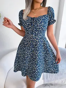 Women's Ditsy Floral Print Tie-Front Drawstring A-Line Fitted Dress, Summer 2026 Boho Romantic Frill Sweetheart-Neck Short Dress for Beach Vacations and Holidays, French-Style Dress for Women