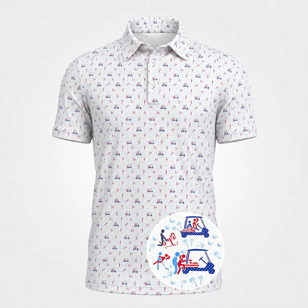 Men’s White Golf Cart Polo with Playful Print for Weekend Course Fun Made in USA
