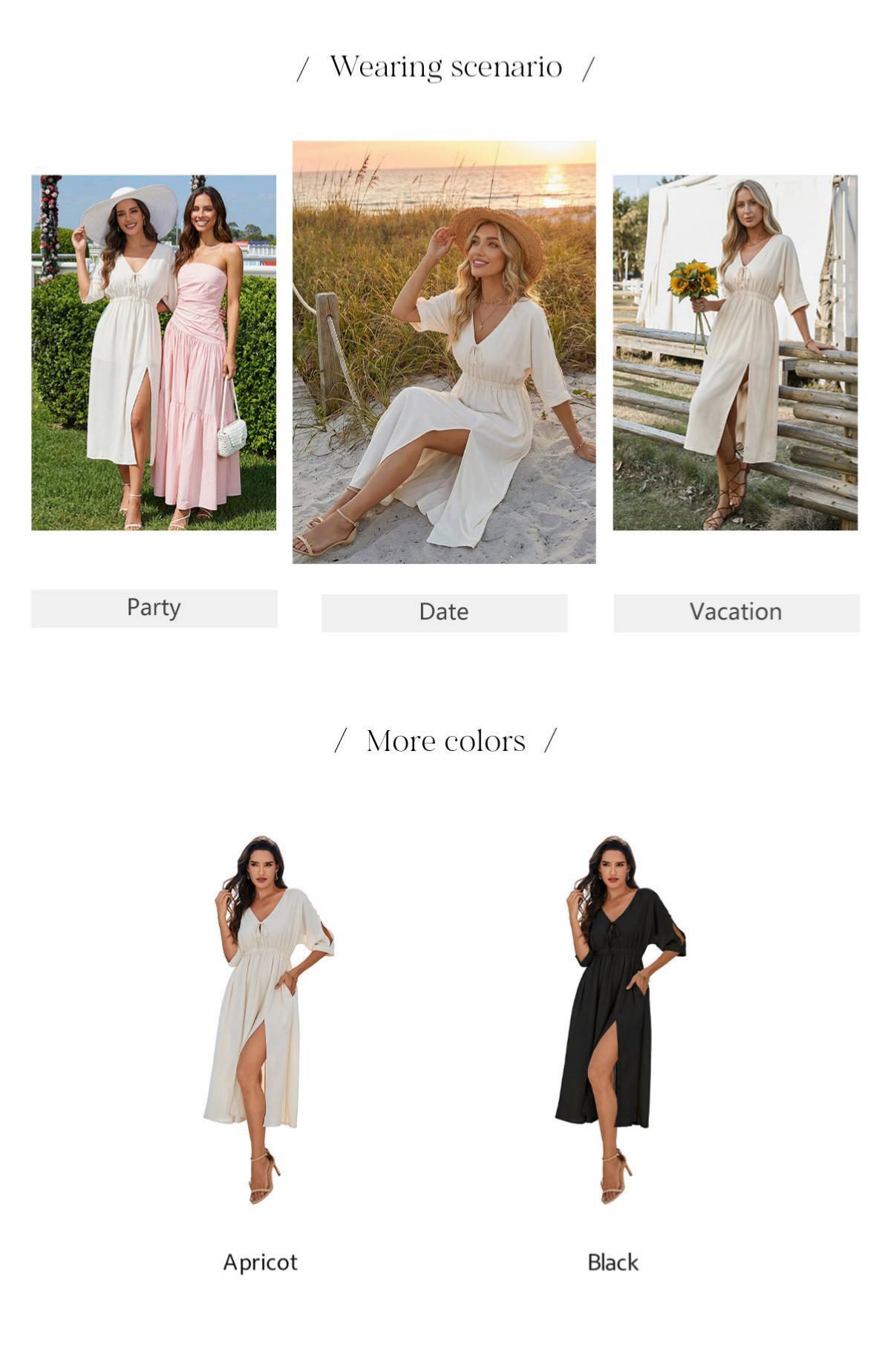 Chicovar Women's Boho V Neck 3/4 Sleeve Midi Dress with Pockets, Tie Front Button, Elastic Waist Batwing Sleeve Slit Dress for Beach Vacation, Easter dress,Casual Wear, Party & Date