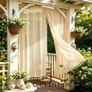 1pc Boho Garden Pavilion Curtain, Lace Sheer Drapes with Fringe, Vintage Courtyard Door Curtains, Outdoor Balcony, Farmhouse Window Decor