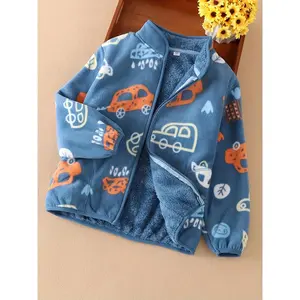 Kids' Double-sided Fleece Coat, Polyester Long Sleeve Zipper Jacket with Crew Neck,-pattern, Regular Fit, Fall/Winter Casual Style, Thick