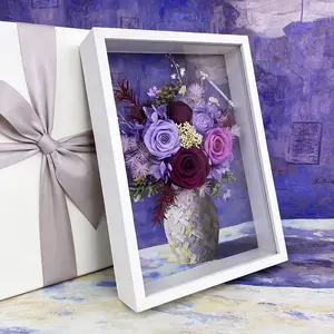 Purple Preserved Rose Flower Frame in 3D Shadow Box Aesthetic Home Decor Real Blooms No Water No Wilt Long Lasting Beauty for Bedroom Living Room or Desk