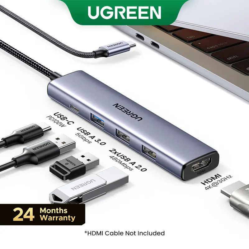 UGREEN 5in1 USB C Hub（HDMI Cable Not Included) Type C to PD 100W Power Delivery, 4K@30Hz HDMI,  3 USB-A 5Gbps Data Ports, Type C Multiport Adapter for Macbook Air Pro, iPad Pro, XPS, Computer Accessories,Summer Sale tiktokshopbacktoschool