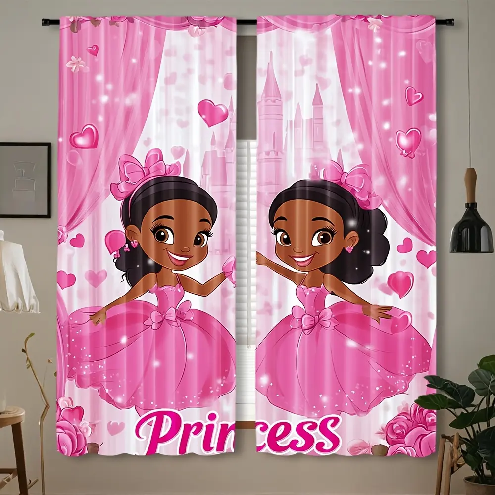 2-Piece set, little princess theme pink curtains, Window Curtain, with cartoon floral design, cheerful African princess with bow and heart-shaped - rod pocket design, suitable for bedroom living room study home decoration, princess bedroom decoration