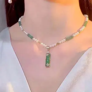 Green jade pendant necklace, 18K gold-plated; jade crystal jewelry for women; green crystal necklace; jade jewelry for women, men, and unisex