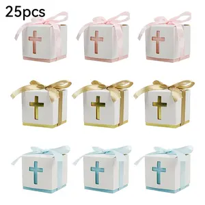 25 Cross-Design Gift Boxes, Baptism-Themed, With Ribbon, Suitable For Weddings, Baptisms, Communions, Bridal Showers, Birthday Parties, Boxed Gifts