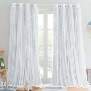 1pc Starry Hollow Polyester Blackout Curtain With Lace, Girls' Princess Style Dual-Layer Window Treatment Darkening Curtain, Home Decoration Curtain, Room Decor Curtain, Curtains Black Out