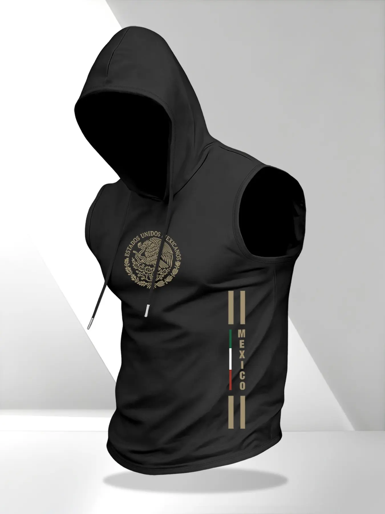 Men's Vintage Mexican Coat of Arms Letter Print Vest, Lightweight Sleeveless Sporty Design Knit Hoodie, Summer Casual Daily Sportswear, Athletic Activewear, Athletic Style Activewear, Casual Sporty Vest, Graphic Print Vest, Sport Vests