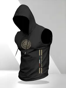 Men's Vintage Mexican Coat of Arms Letter Print Vest, Lightweight Sleeveless Knit Hoodie, Summer Casual Daily Sportswear, Athletic Activewear, Athletic Style Activewear, Casual Sporty Vest, Graphic Print Vest