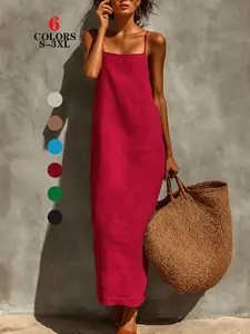 2026 New Arrival Women's Solid Spaghetti Strap Maxi Dress, Retro Lazy Style, Loose-Fit Summer Dress for Daily Commute, Beach, Date, Outdoor Wear