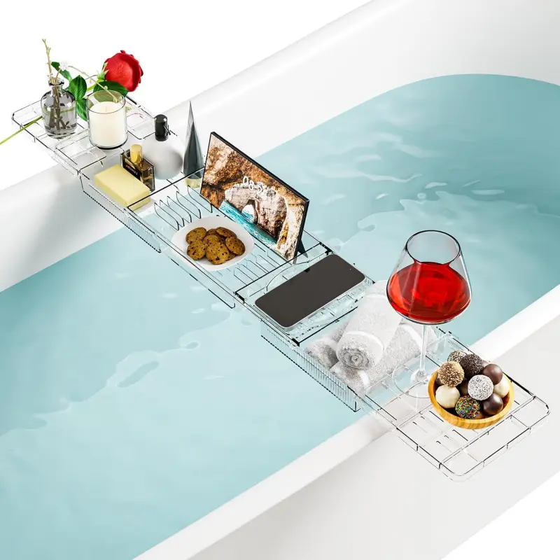 Luxury Bathtub Trays for Tub, Expandable Bath Shelf Over Tub with Clear Bath Table - Bath Board and Bath Caddy Tray with Bath Tub Accessories for Women Relaxing with Bath Reading Book and iPad Holder, 1 Pack