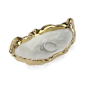 HOME SMILE Oyster Shell Ring Dish,Jewelry Dish Tray, Trinket Tray, Long Distance Friendship Gifts for Women,Ceramic Gold